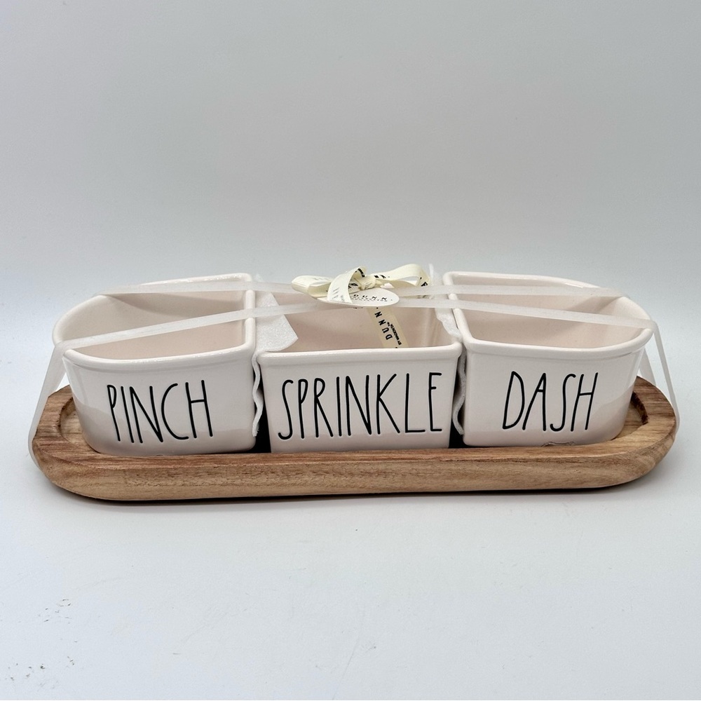 Rae Dunn Ceramic Cellar Set, 3-Piece, With Wood Tray (Pinch, Sprinkle, Dash)